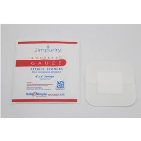 Sterile bordered gauze sponge and package for wound care on a white background
