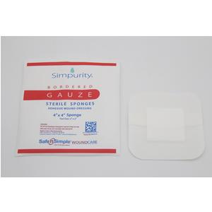 Sterile bordered gauze sponge and package for wound care on a white background