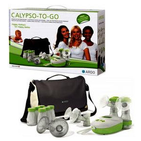Double electric breast pump kit with tote bag, bottles, and accessories on white background