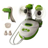 Electric breast pump with digital display, green accents, and accessory parts included