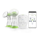 Double electric breast pump set with bottles, control panel, and smartphone app interface