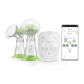 Double electric breast pump set with bottles, control panel, and smartphone app interface