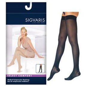 Sigvaris medical compression stockings packaging with black thigh-high support hosiery.