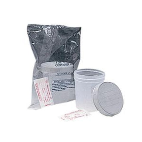 Medical specimen collection kit with white plastic container, lid, specimen bag, and labels