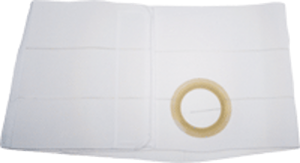 White medical support belt with a circular stoma opening, laid flat on a surface.
