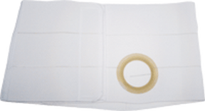 White medical support belt with a circular stoma opening, laid flat on a surface.