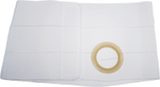 White medical support belt with circular opening for ostomy care, laid flat on surface
