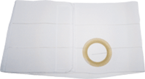 White medical support belt with circular opening for ostomy care, laid flat on surface