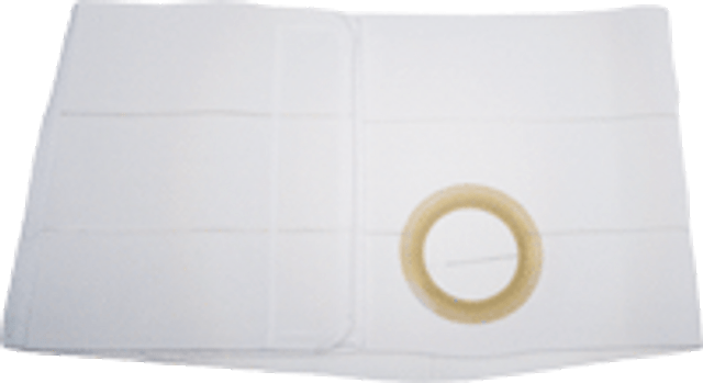 White medical support belt with circular opening for ostomy care, laid flat on surface