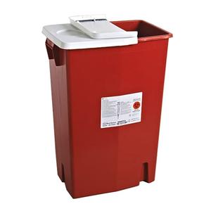 Red medical waste container with white lid and label for safe home medical supply disposal