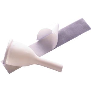 External male catheter with adhesive strip for medical use on white background