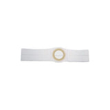 White ostomy hernia support belt with central circular opening, medical supply