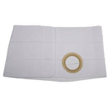 White medical ostomy support belt with circular opening, flat layout, on white background.