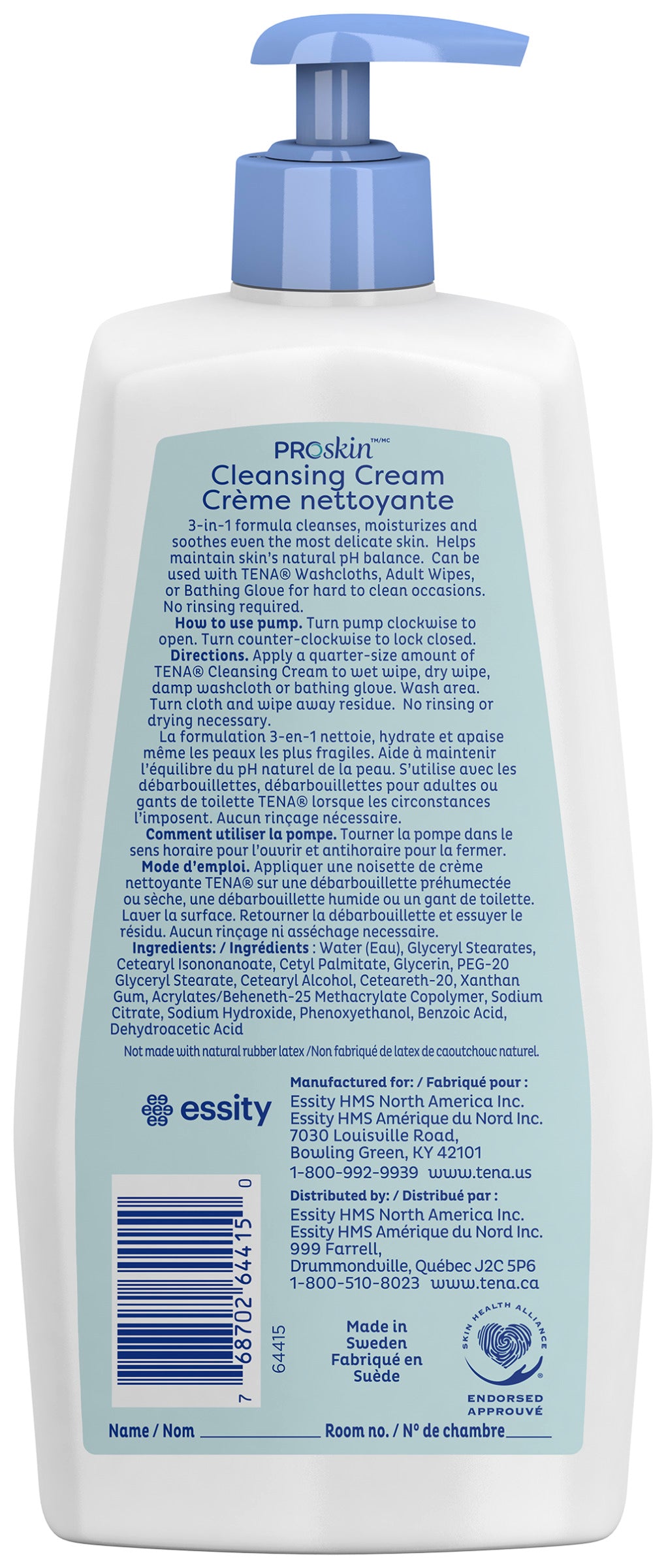 TENA ProSkin Cleansing Cream Rinse-Free Body Wash, Unscented, 33.8 fl. oz. Pump Bottle