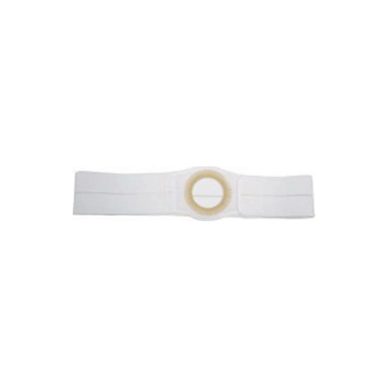 White hernia support belt with central stoma opening on white background