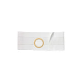 White ostomy belt with round opening, medical support garment on plain background
