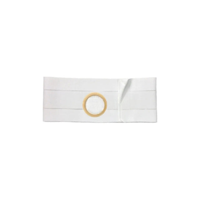 White ostomy belt with round opening, medical support garment on plain background