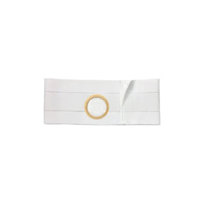 White ostomy belt with support opening for medical use on plain background