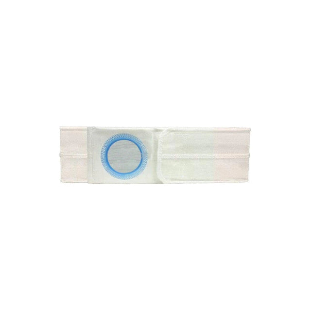 White medical ostomy belt with blue circular opening on white background