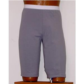 Gray adaptive medical shorts with white waistband, displayed on mannequin torso