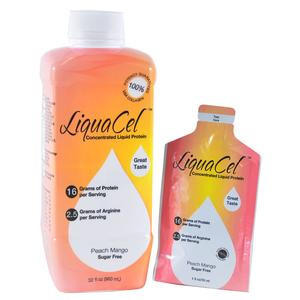 LiquaCel concentrated liquid protein peach mango flavor bottle and pouch, home medical nutrition supplement