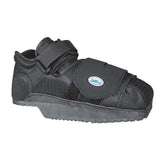 Black medical walking shoe with adjustable straps and cushioned sole for foot support