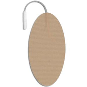 Oval beige medical electrode pad with attached connector wire, isolated on white background