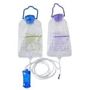 Two medical feeding bags with tubing and connectors for home enteral nutrition
