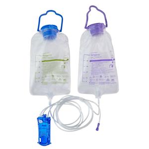 Two medical feeding bags with tubing and connectors for home enteral nutrition