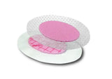 Round pink foam wound dressing pad with transparent adhesive border