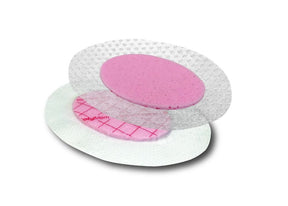 Round pink foam wound dressing pad with transparent adhesive border