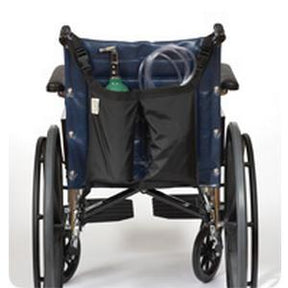 Wheelchair rear view with medical oxygen tank and black storage pouch attached