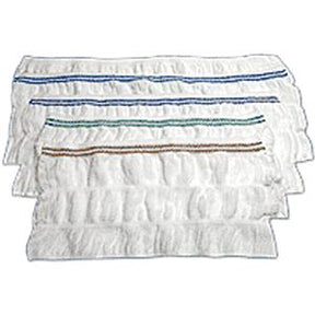 Stack of white reusable cleaning pads with colored stripes, microfiber mop refills