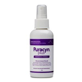 Puracyn Plus wound care spray bottle with purple label for wound cleaning and first aid