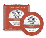 J.R. Watkins pain-relieving salve tin and box for minor cuts, burns, and skin irritation.