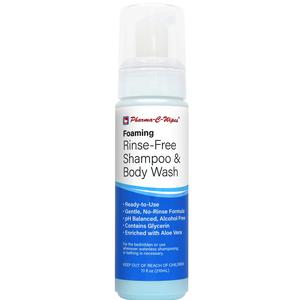 Foaming rinse-free shampoo and body wash bottle for gentle, no-rinse cleansing care