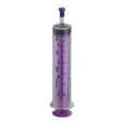 Purple oral medication syringe with measurement markings for medical dosing