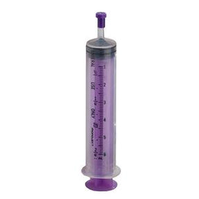Purple oral medication syringe with measurement markings for medical dosing