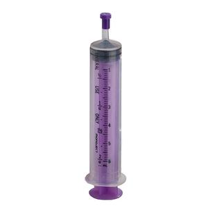 Purple oral medication syringe with measurement markings for medical dosing