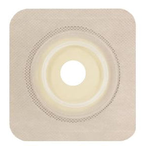 square beige ostomy barrier with central stoma opening, adhesive border, medical supply