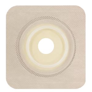 square beige ostomy barrier with central stoma opening, adhesive border, medical supply