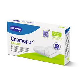 Hartmann Cosmopor Silicone sterile wound dressing box, 10x10 cm, on white background