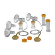 Double electric breast pump kit with tubing, flanges, bottles, lids, and valves