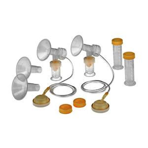Double electric breast pump kit with tubing, flanges, bottles, lids, and valves