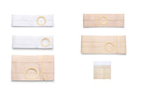 Variety of ostomy support belts in beige and white, with circular openings, on white background.