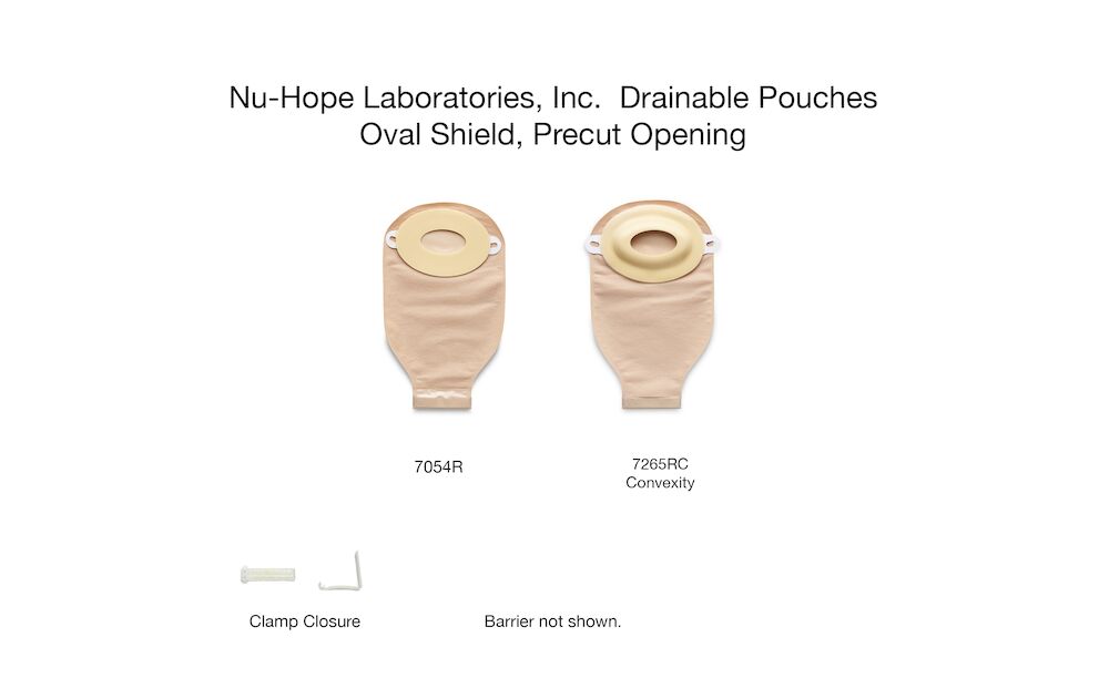 Nu-Hope drainable pouches with oval shield, precut opening, clamp closure shown.