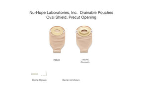 Nu-Hope drainable pouches with oval shield, precut opening, clamp closure shown.