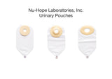 Three Nu-Hope urinary pouches for ostomy, displayed on a white background.