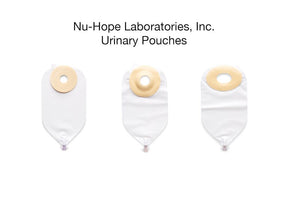 Three Nu-Hope urinary pouches for ostomy, displayed on a white background.