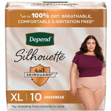 Depend Silhouette XL 10 count adult underwear packaging with model wearing beige underwear.